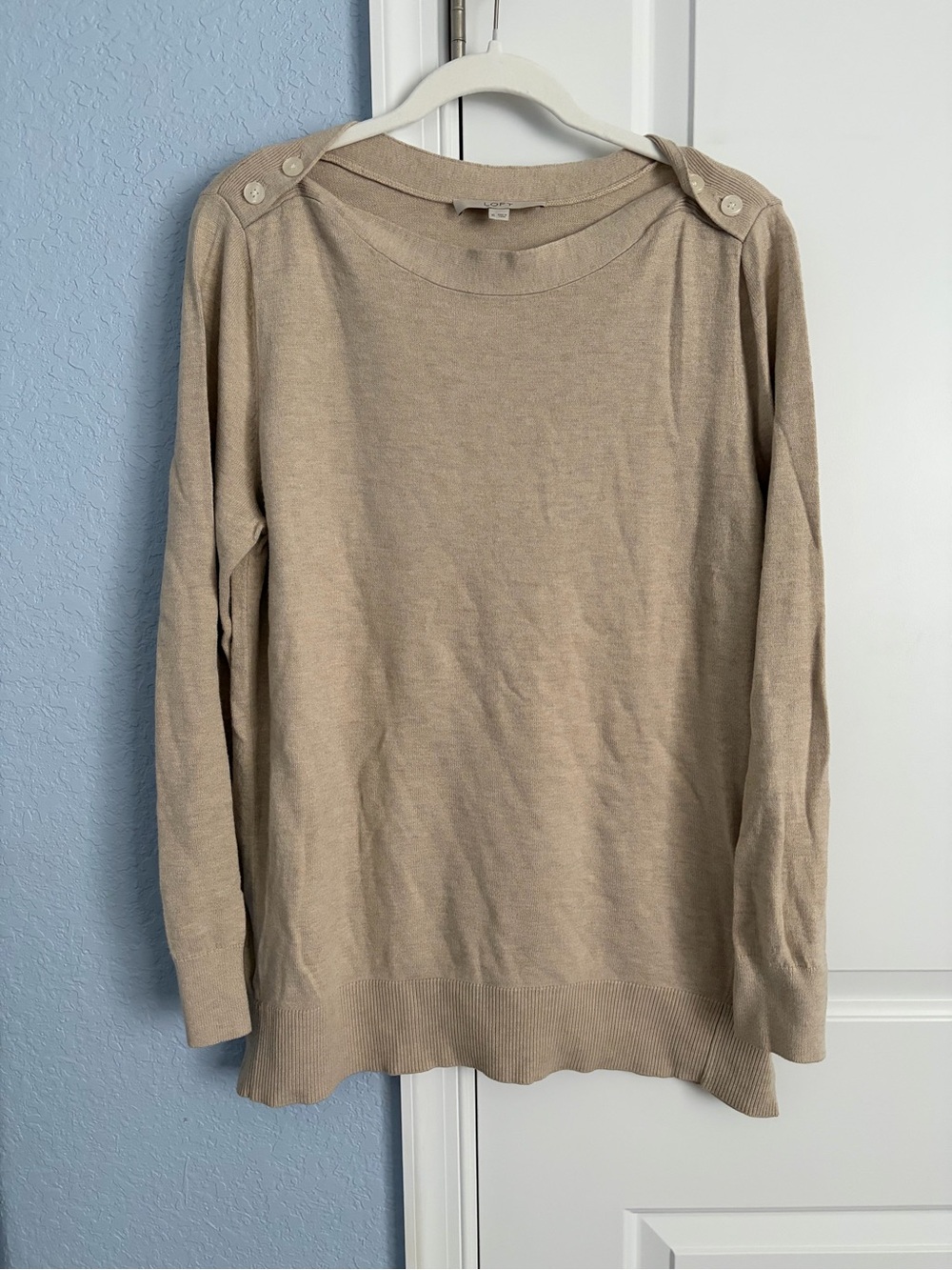 LOFT Beige Button-Shoulder Long Sleeve Top